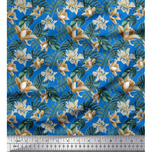 Soimoi Polyester Crepe Fabric Monstera Leaf & Floral Print Fabric by The Yard 52 Inch Wide