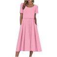 thumbnail image 2 of Robes d'Été pour Femmes 2025 Zeophrasy Robe de Vacances Décontractée pour Femmes, Fête, Quotidien, Plissée, Col Rond, Unie, Manches Courtes, avec Poche, Liquidation à Moins de 5, 2 of 9