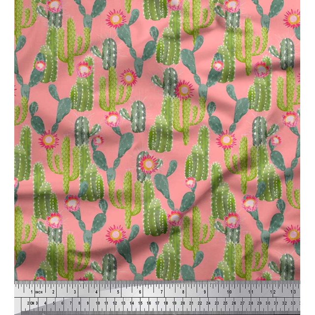 Soimoi Orange Satin Silk Fabric Flower & Cactus Tree Print Sewing Fabric BTY 42 Inch Wide