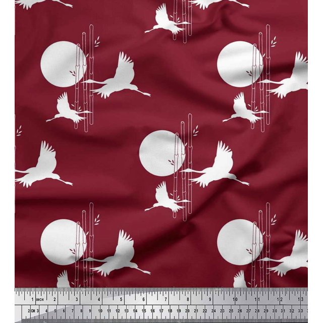 Soimoi Viscose Chiffon Fabric Bamboo Tree,Moon & Stork Bird Printed Fabric 1 Yard 42 Inch Wide