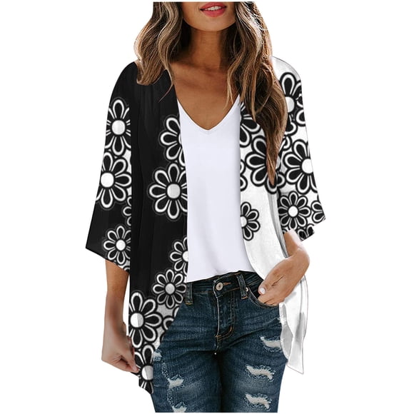 lcziwo 2024 Women Kimono Top Kimonos for Women Floral Print Lightweight Chiffon Kimonos Cardigan Puff Sleeve Loose Beach Wear Cover Up Blouse Tops Black XL
