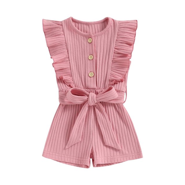 SUNSIOM Infant Baby Girl Summer Jumpsuit Solid Color Ruffled Sleeveless Round Neck Button Romper Shorts with Belt