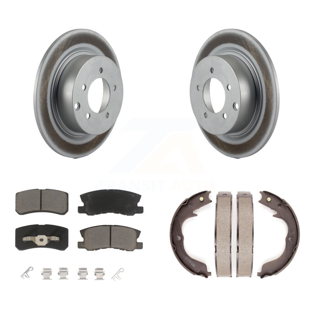 Transit Auto Rear Disc Coated Rotors Ceramic Pads and Parking Brake Shoes Kit for Car 2008 Mitsubishi Outlander 2.4L with 7 Passenger Seating KGC-103108