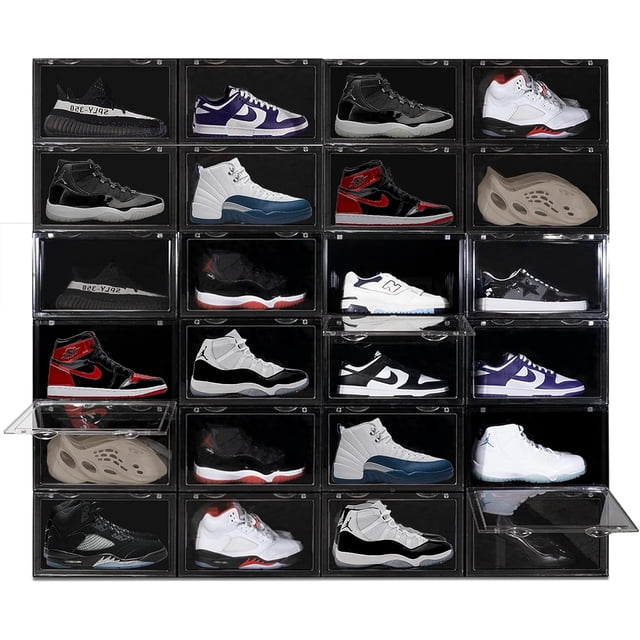 OLLIE XL Shoe Storage Boxes in a 24-pack, shown in black with clear acrylic fronts. These foldable and stackable shoe storage organizers are designed for closets and can hold shoes up to size 13, including sneakers, Jordans, and boots. The image displays multiple boxes stacked securely, showcasing various shoes through the transparent fronts. Each box features a front-opening lid for easy access and a sturdy design with locking ridges to prevent slipping. Ideal for organizing and protecting shoes while saving space.