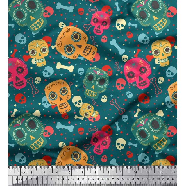 Soimoi Modal Satin Fabric Dot,Bone & Skull Print Fabric by The Yard 42 Inch Wide