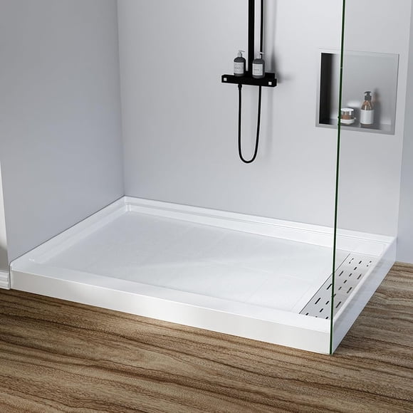 Ourlova Shower Base 48 x 32 Inch with Right Drain – Non-Slip Shower Pan, 304 Stainless Steel Square Drain Cover, Single Threshold Shower Tray Kit