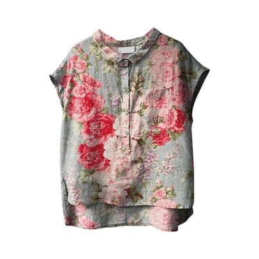 WZXFASHION Cute Tops For Women Collar Non Sleeve Linen Shirts Plus Size Floral Blouses Casual Summer Clothes Women Clearance Women Shirts