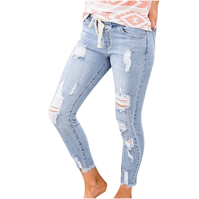 Bigersell Distressed Jeans Women Drawstring Elastic Waist Ankle Length Destroyed Hole Denim Pants Trousers with Pockets Mid Waist Ripped Jeans Taper Leg Jeans Blue XXL