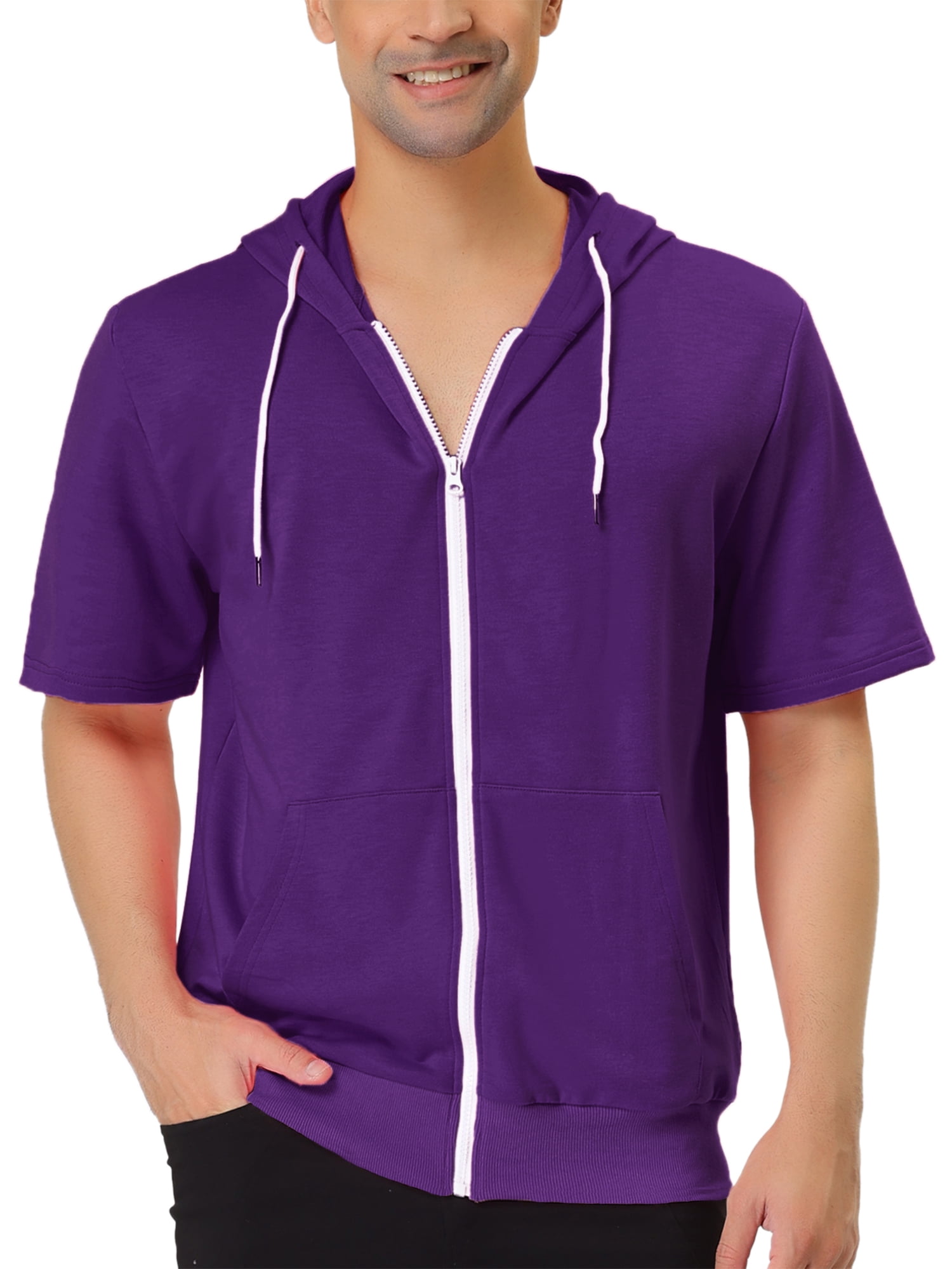 INSPIRE CHIC Men's Short Sleeve Hoodies Solid Color Zip Up Jackets with Hood L Purple