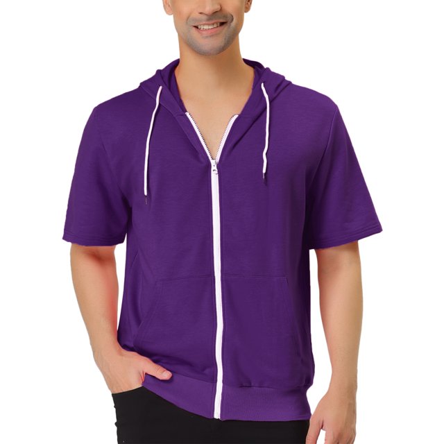 INSPIRE CHIC Men's Short Sleeve Hoodies Solid Color Zip Up Jackets with Hood S Purple