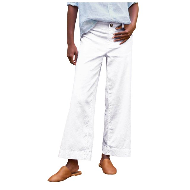 Women's Linen Pants - High Waisted Flare Wide Leg Capri Work Pants with Pockets