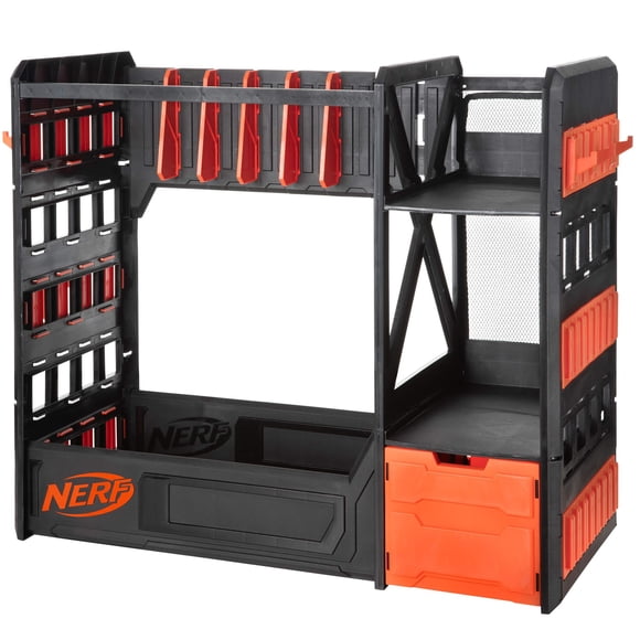 NERF Elite Support pour Blasters - Rangement pour jusqu'à Six Blasters, Incluant des Étagères et des Tiroirs Accessoires, Orange et Noir - Exclusif