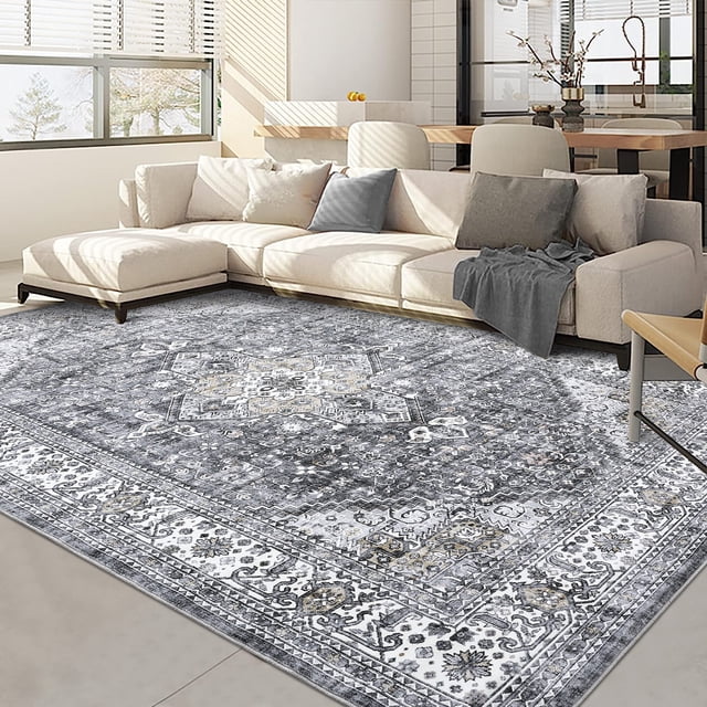 Garvee Tapis Vintage Usé 8'x10 Pieds pour Aire, Tapis de Salon Lavable à Médaillon Rétro, Tapis Intérieur Antidérapant et Résistant aux Taches pour Chambre et Bureau à Domicile, Gris