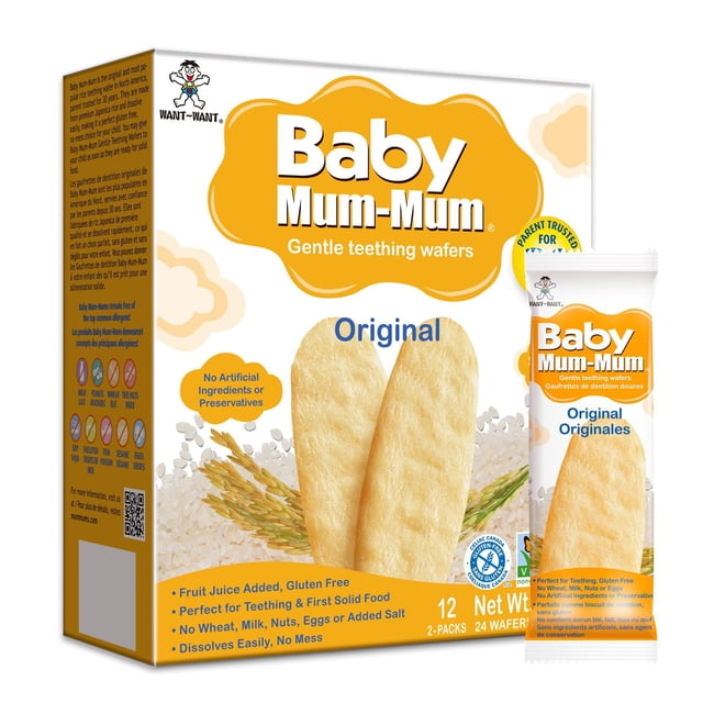 Baby Mum-Mum Original Rice Rusks box and single wrapped wafer shown front-facing with two light beige teething wafers, highlighting gluten-free, allergen-free, and non-GMO qualities, ideal for teething snacks and first solid food, with rice grains and wheat stalks in the background.