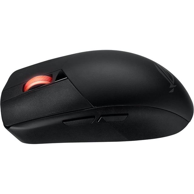 ASUS ROG Impact III Wireless Mouse in black shown from the right side, featuring a matte finish, illuminated red scroll wheel, two side buttons, and a subtle ROG logo on the rear. This ultra-lightweight gaming mouse supports Bluetooth and 2.4GHz wireless with up to 618 hours battery life, ideal for precise gameplay and often used for multi-device setups.