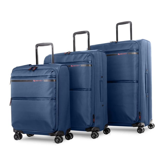 Swiss Mobility – YUL Collection – Luggage made of lightweight and resistant polyester featuring three blue softside suitcases with ergonomic telescopic trolley handles locked in two positions, 4 double 360-degree spinner wheels for smooth and quiet rolling, front zippered pockets, and interior tightening straps for secure organization, ideal for business or leisure travel.