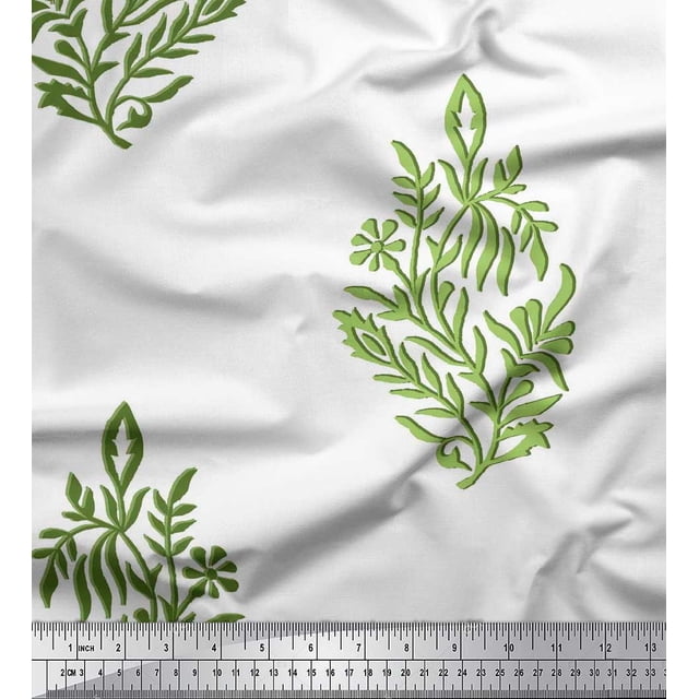 Soimoi Silk Fabric Leaves & Floral Block Print Fabric by Yard 42 Inch Wide