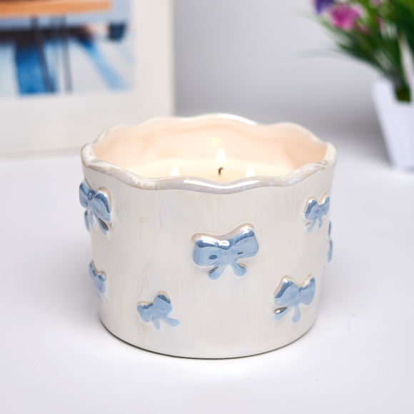 12oz Ceramic Blue Bow Candle, 3-Wick