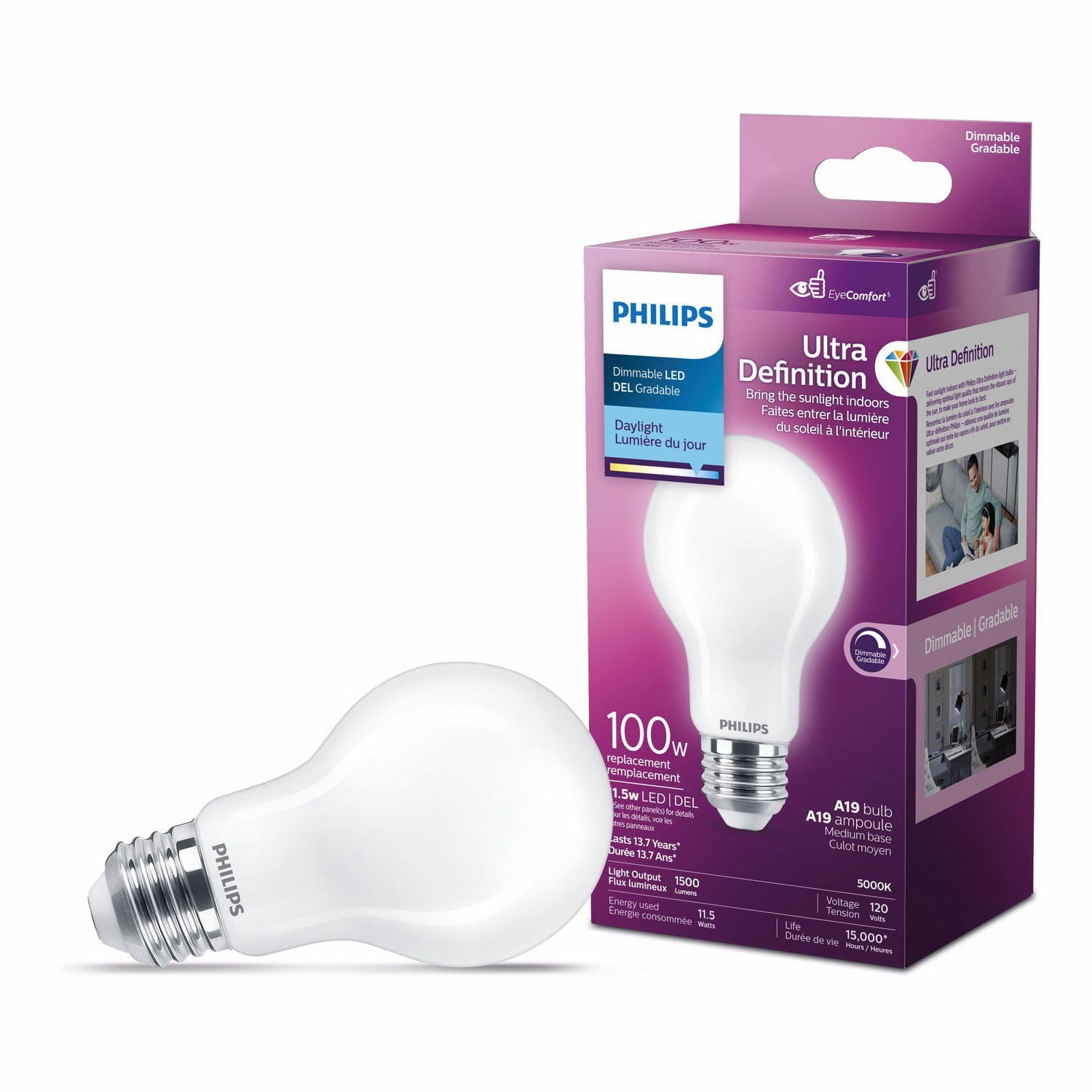 PHILIPS 13.5W 100W A19 Medium Base Ultra Definition Daylight Dimmable LED Light Bulb - Frosted Glass