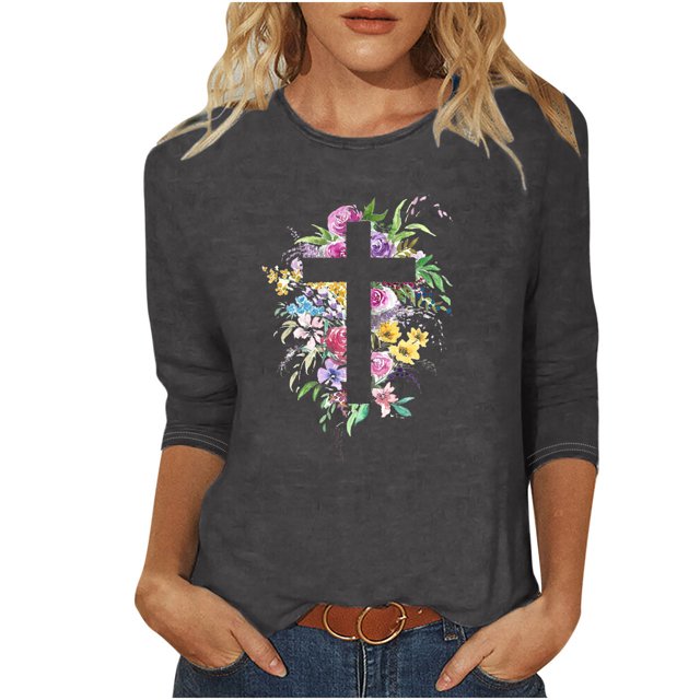 Blouses pour Femmes T-Shirt Imprimé Blouse à Manches 3/4 Col Rond Décontracté, Blouses pour Femmes T-Shirts pour Femmes, Blouses pour Femmes Décontractées