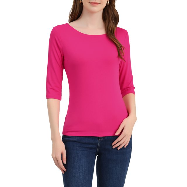 INSPIRE CHIC Hauts pour Femmes Manches au Coude Encolure Bateau Coupe Ajustée T-Shirt Classique Décontracté TP Rouge Rose