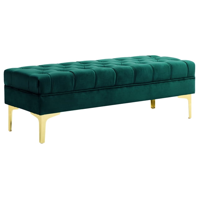 HOMCOM Banc Rembourré en Velours, Capitonné à Boutons, Banc de Bout de Lit pour Chambre. Ce Banc Vert Foncé Présente un Revêtement en Tissu de Velours Doux avec un design Capitonné à Boutons, Soutenu par Quatre Pieds en Métal Doré. Mesurant 46,5 Pouces de Large, 17,7 Pouces de Profondeur et 16,5 Pouces de Haut, Il Offre une Zone d'Assise Rembourrée de Mousse Moelleuse. Idéal pour une Utilisation dans les Chambres, les Salons Ou les Entrées, Il Allie style et Fonctionnalité.
