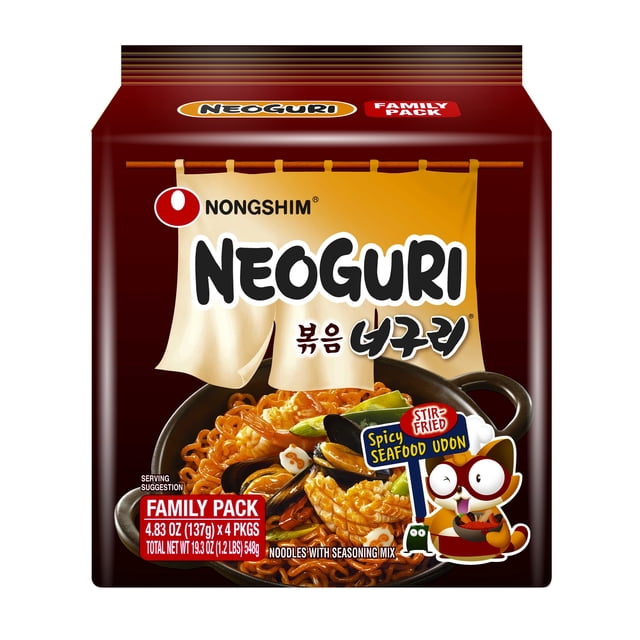 Nongshim Neoguri Ensemble Familial de Nouilles udon Sautées Épaisses et Moelleuses, Sautées dans une sauce de Fruits de Mer Salée et Épicée avec Moules, Crevettes et Légumes, Convenant à un Repas Riche et Personnalisable.