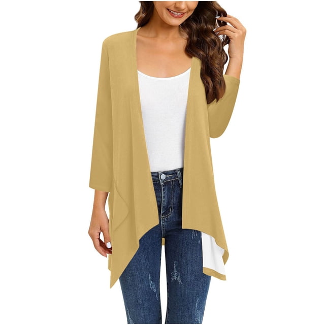 Mrat Sheer Cardigan for Womens 3/4 Sleeve Tops with Pocket Solid Irregular Flowy Jacket S-86 Yellow 4XL