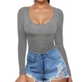 thumbnail image 2 of Womens Long Sleeve Shirts Fitted Tops Scoop Neck Slim T Shirts Going Out Tops Basic Tees Dark Gray, 2 of 6