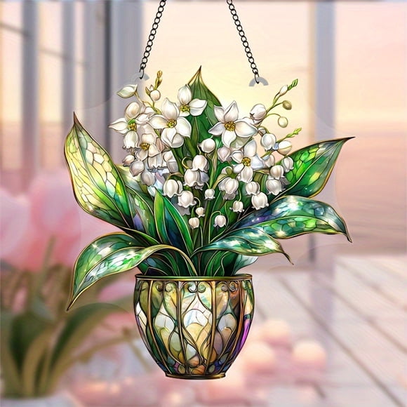 AKEGAMN Acrylic Hanging Ornament With Green Plant & Flower Pot Design – Stained Glass Decor Crafted from high - quality acrylic, the ornament is and lightweight, making it easy to in various locatio