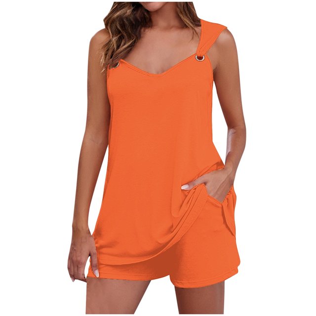 Yuyuzo Womens Lounge Sets Two Piece Square Neck Tank Tops Wide Leg Shorts with Pockets Matching Outfits
