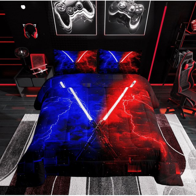 Erosebridal Galaxy Lightsaber Bedding Queen Comforter Set, Modern Rectangle Down Comforter, Futuristic Decor, Reversible 3pcs