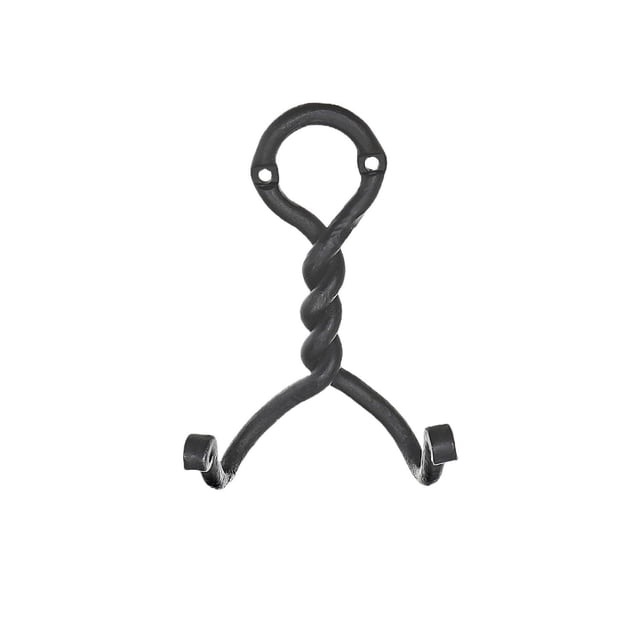 Double Twist Iron Wall Hook (Gun Metal) featuring a twisted double-helix black metal design with two curved arms and mounting holes for wall attachment, finished in rustic gunmetal, suitable for hanging clothes and organizing spaces.