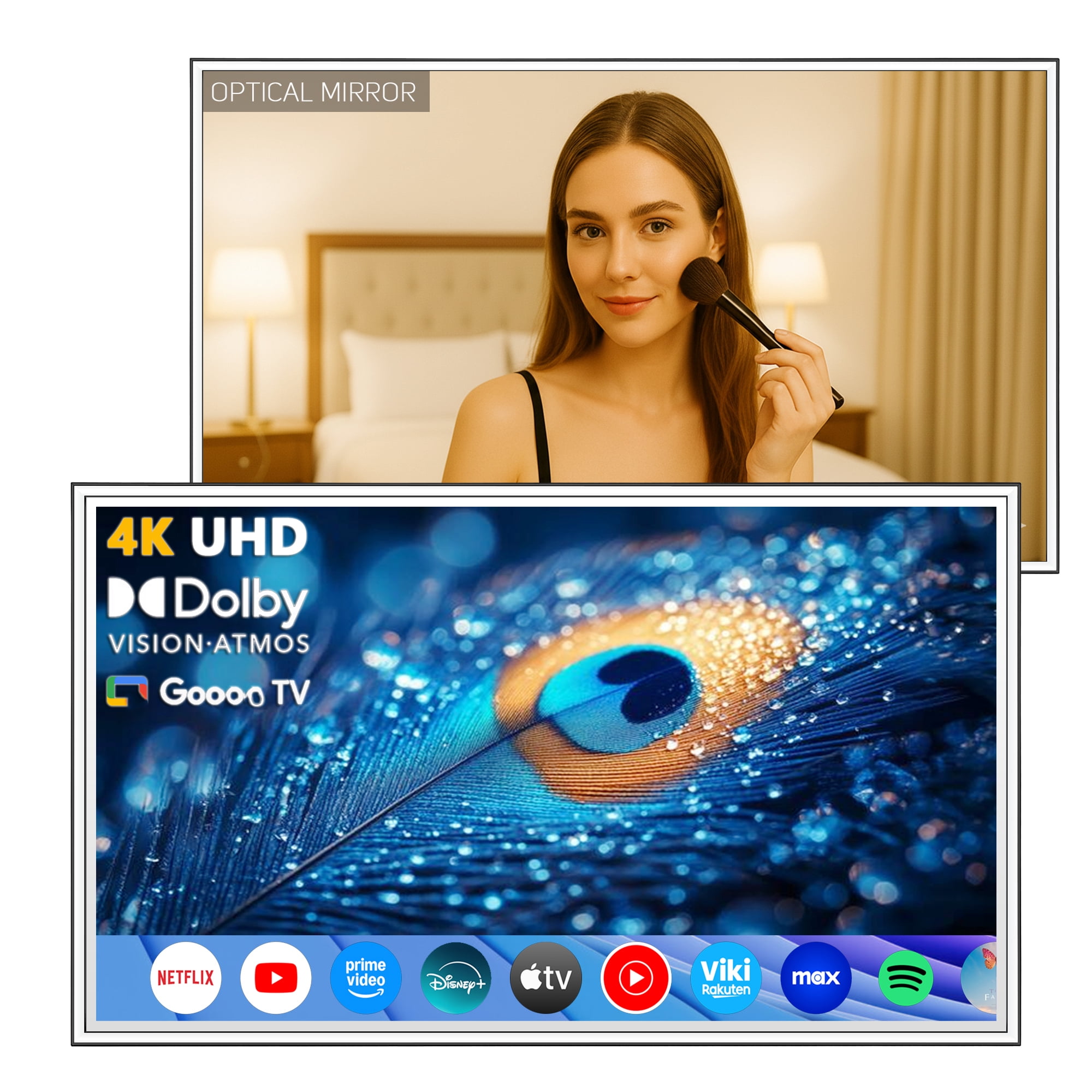 Soulaca 43 inches Smart Mirror 4K UHD TV Goo-gle Compatible LED Light Surround Decoration Advertising SPA ATSC DTV Tuner