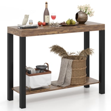Gymax Table de Bar à 2 Niveaux pour la Maison avec Étagères Ouvertes Table d'Appoint de Sofa avec Rangement pour la Maison
