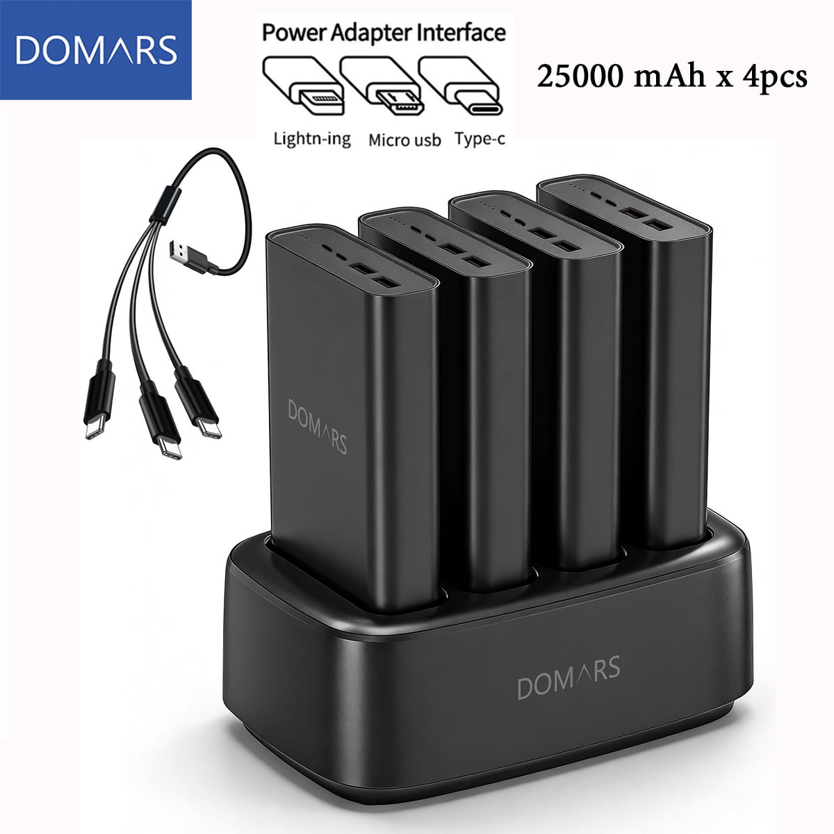 Domars 25000mAh Portable Power Bank Set, 100W Fast Charging Power Bank with Charging Base, 4 Pack High Capacity External Battery Pack with 4 Output Ports for Laptop Phone Tablet