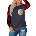 thumbnail image 2 of Women‘s O-Neck Checkered Printed Sequin Pocket Long Sleeve T-Shirt Blouse, 2 of 7