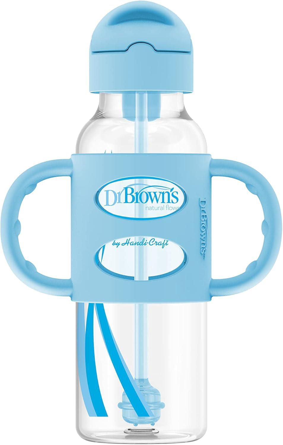 Dr. Brown's Milestones Narrow Sippy Straw Bottle, Spill-Proof with 100% Silicone Handles, Gray/Blue, 6m+, 2x8oz Bottles