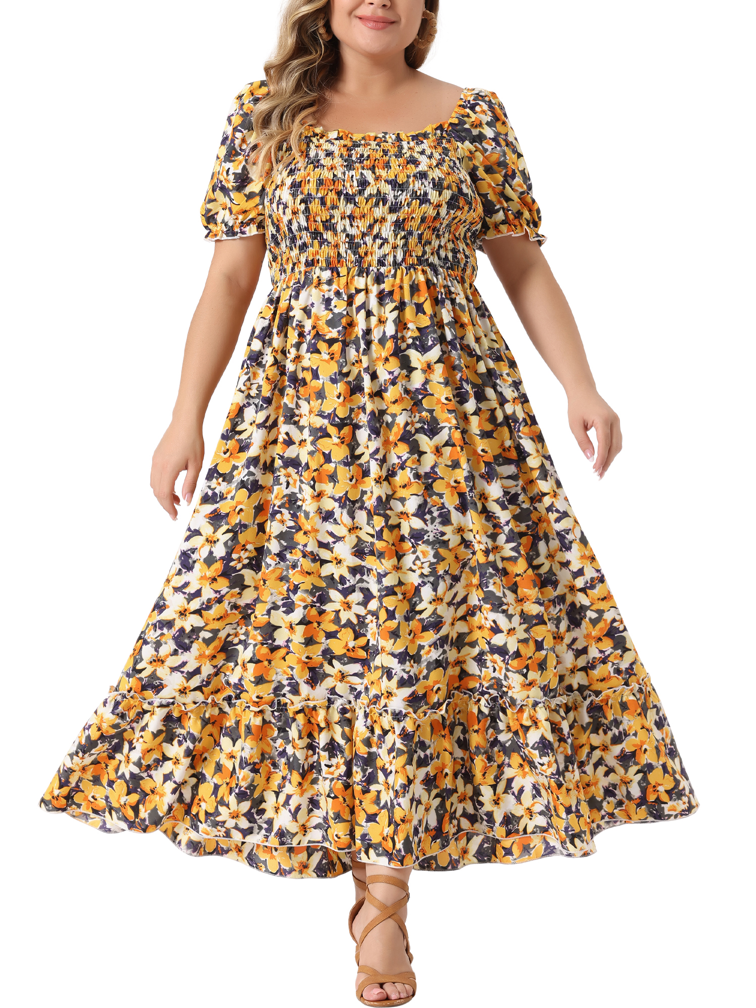 GRACE & GRANDEUR Robe Maxi Bohème à Fleurs pour Femme Grande Taille, Manches Courtes, Encolure Carrée, Smockée, 4X Jaune