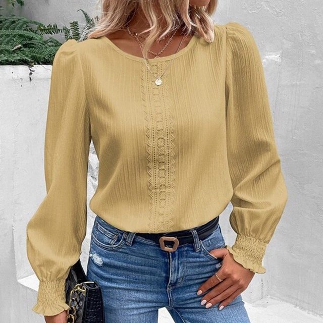 RXIRUCGD Haut/chemise à Manches Longues à Col Rond pour Femme, Décontracté, Uni, en Dentelle Patchwork, Jaune, Taille : L
