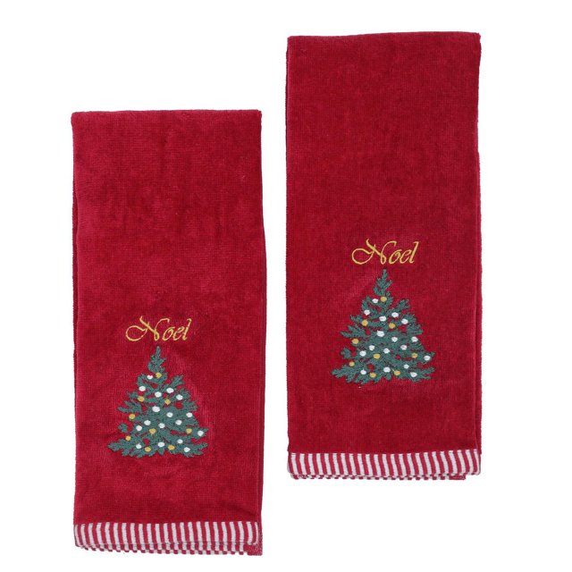 Holiday Time Hand Towels in red featuring embroidered green Christmas trees decorated with white and gold ornaments and the word 'Noel' in gold script above each tree, with red and white striped trim at the bottom edges, made from soft, absorbent 100% cotton, suitable for bathroom décor and festive hand drying.