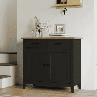 Homfa Armoire d'Entrée, Armoire de Rangement de Cuisine, Buffet-Vaisselier Style Ferme avec 2 Tiroirs et 2 Portes, Bar à Café avec Rangement pour Salle à Manger et Salon, Noir