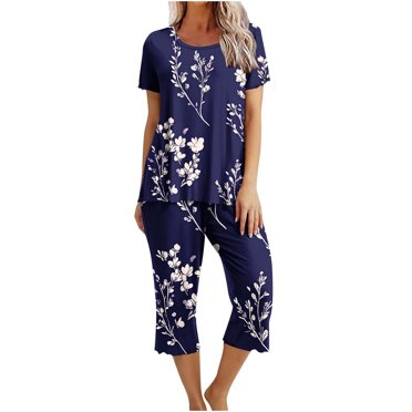 Lounge Sets for Women Floral Printed Short Sleeve Shirts and Capri Pajamas Sets 2 Piece Sleepwear Loungewear