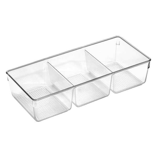 Mainstays 3-Compartment Clear Cosmetic Organizer Tray, a clear plastic vanity organizer with three equal compartments and textured dot bottoms, measuring 13.5 by 6 by 3 inches, ideal for bathroom storage of makeup, cotton swabs, hair ties, and suitable for organizing small craft supplies.