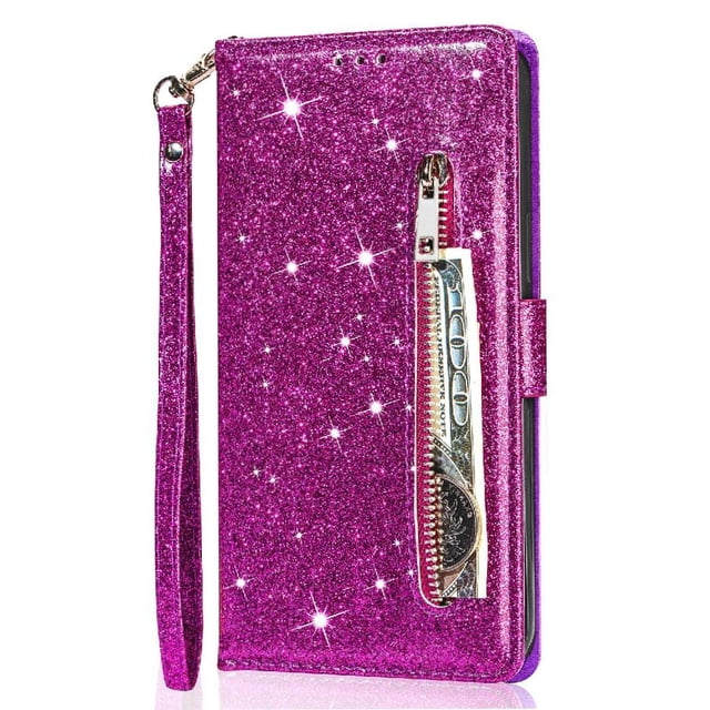 Case for FOXDOCK Google Pixel 7 Glitter Zipper Wallet Case with Short Hand Strap. This vibrant glitter phone case in a striking pink hue features a zipper compartment for cash, card slots for up to 3 credit cards, and a short hand strap for secure carrying. The multi-functional design also allows the case to double as a stand for video calls or media viewing. Ideal for those who love stylish and practical phone accessories.