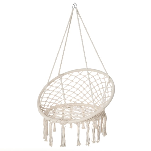 Outsunny Patio Hammock Chair, Hanging Rope Hammock Swing in cream white with a bohemia-inspired design featuring fringe tassels. Made from a woven polyester-cotton blend fiber for breathability and comfort, supported by a durable steel frame. The chair includes a built-in ring for hanging on tree branches, C-style hammock stands, or other sturdy frames. Overall dimensions are 31.5 inches wide by 31.5 inches deep by 16.5 inches high, with a seat diameter of 23.5 inches and a back height of 15.7 inches. Suitable for indoor or outdoor use, with a maximum load capacity of 264 lbs. Futon cushion not included.