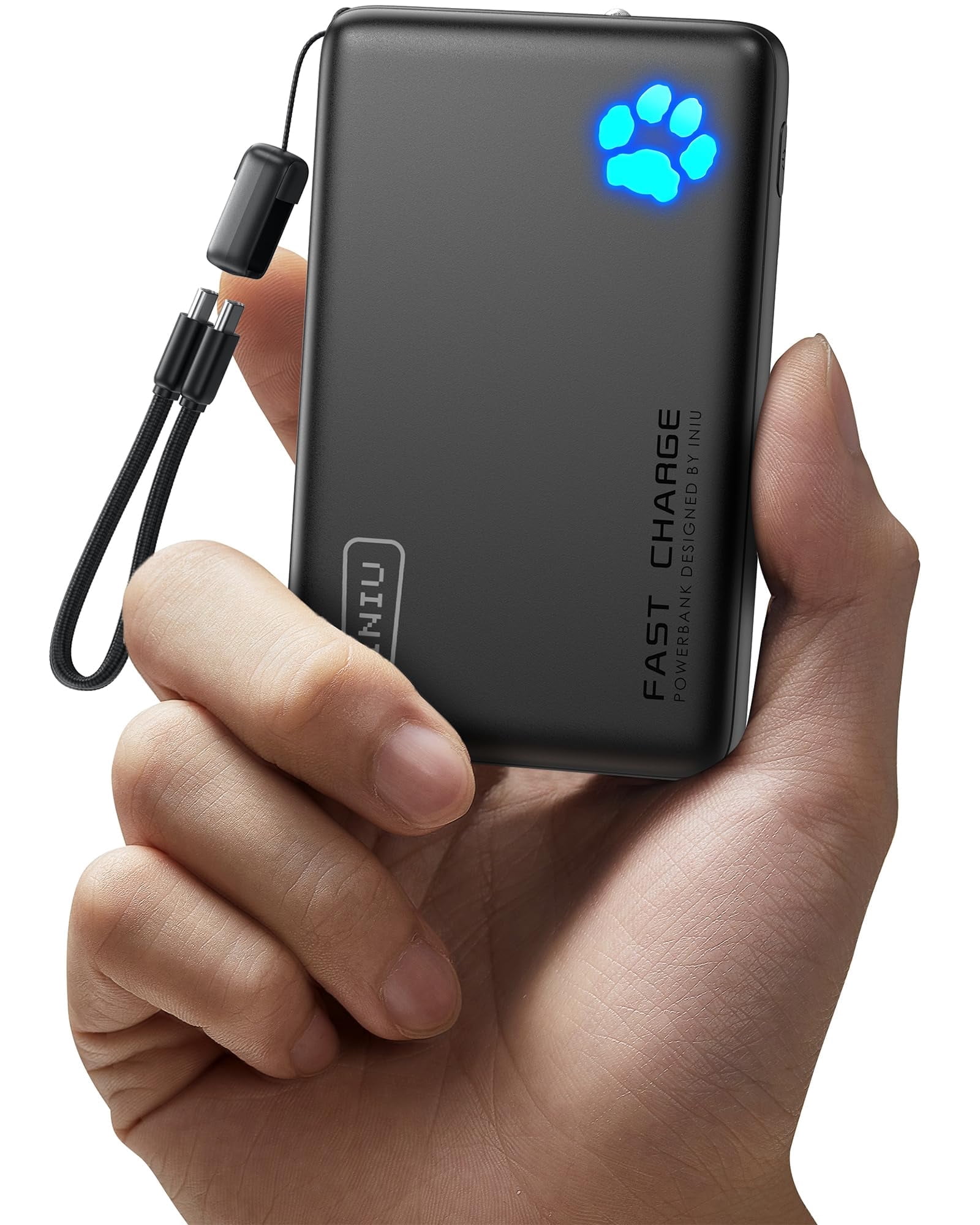 INIU 10,000mAh Portable Power Bank, 45W Slim Pro Battery Pack, Fast Charging with Attached USB C Cable, LED Indicator Lights, Compatible With iPhone 17/16 Samsung S25 Google etc, Black