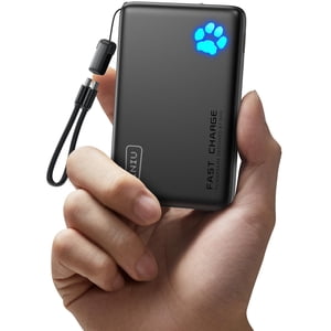 INIU 10,000mAh Portable Power Bank, 45W Slim Pro Battery Pack, Fast Charging with Attached USB C Cable, LED Indicator Lights, Compatible With iPhone 17/16 Samsung S25 Google etc, Black