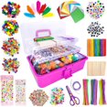 thumbnail image 1 of DEBGFS 1500 Pcs Art and Craft Supplies for Kids, Toddler DIY Craft Art Supply Set Included Pipe Cleaners, Pom Poms, Feather, Folding Storage Box,Pink, 1 of 5