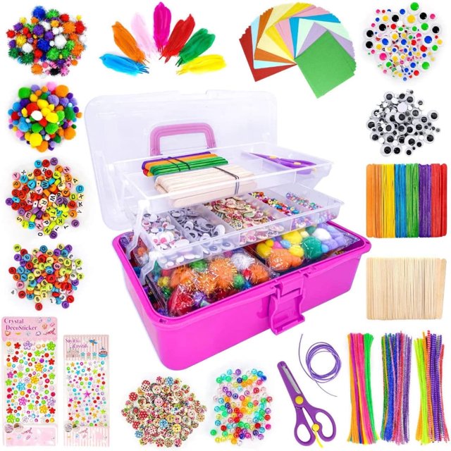 DEBGFS 1500 Pcs Art and Craft Supplies for Kids, Toddler DIY Craft Art Supply Set Included Pipe Cleaners, Pom Poms, Feather, Folding Storage Box,Pink